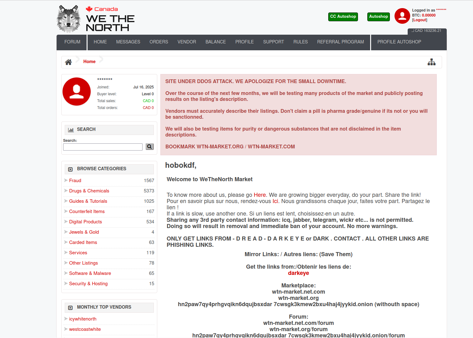 WeTheNorth Market Main Interface
